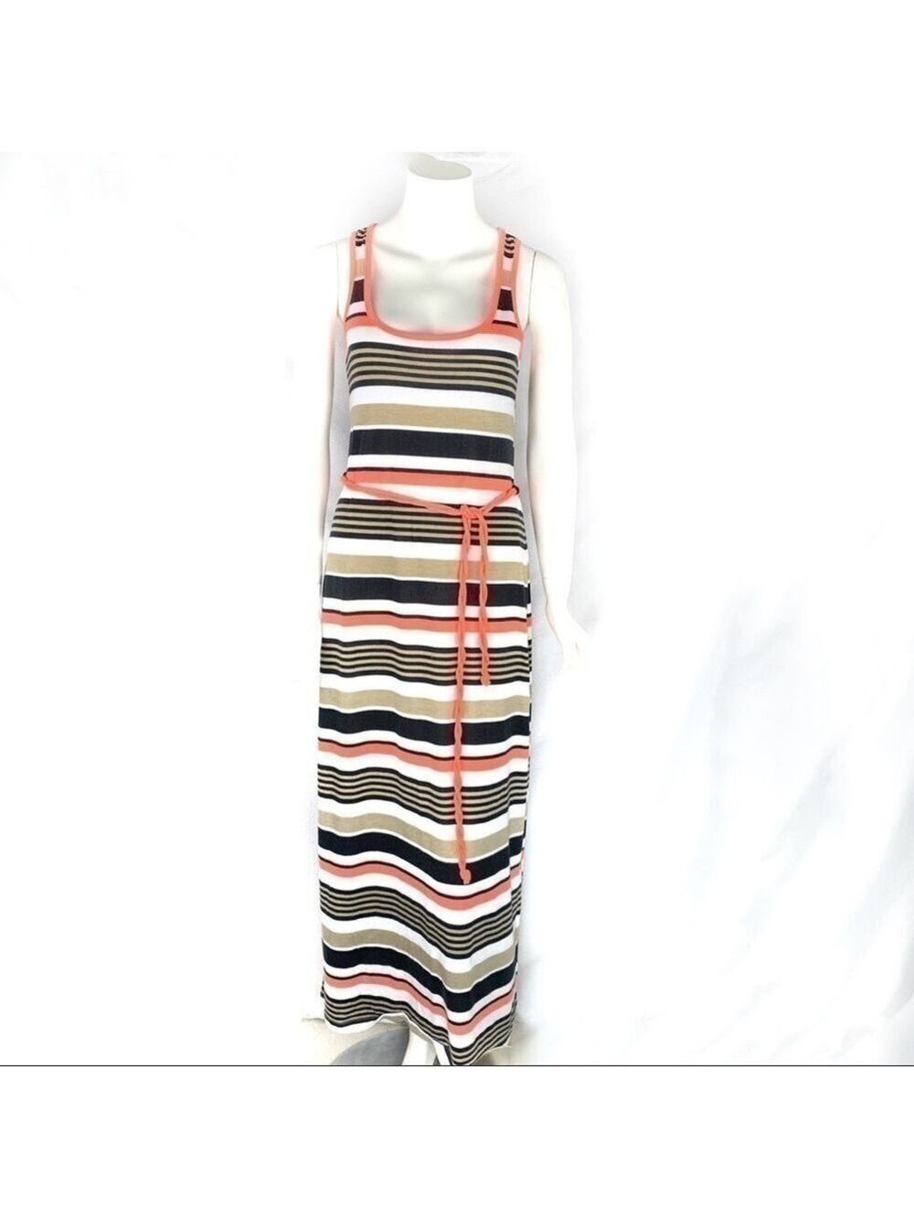 Euc-derek Heart Tan/Black Striped, Contrast Piping, Belted RacerBack, Maxi Dress